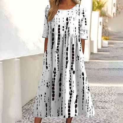 ✨Promoção Quente 50% DE DESCONTO 👗 Vestido Feminino de Manga Curta com Estampa e Bolsos