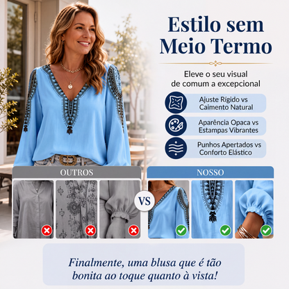 👚✨ Blusa Feminina de Manga Longa com Gola V e Estampa 3D – Estilo moderno, conforto e elegância para o dia a dia