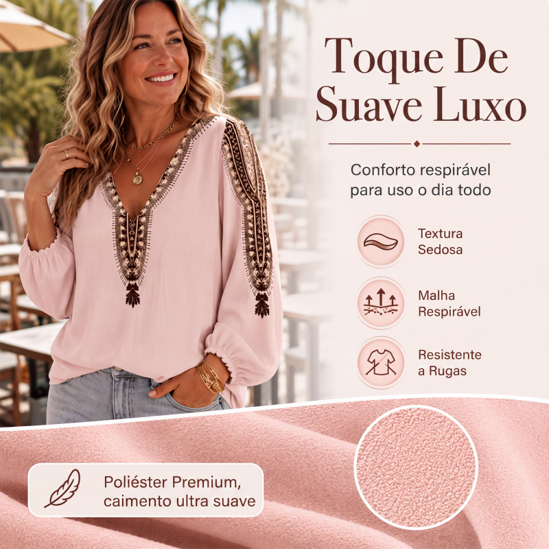 👚✨ Blusa Feminina de Manga Longa com Gola V e Estampa 3D – Estilo moderno, conforto e elegância para o dia a dia
