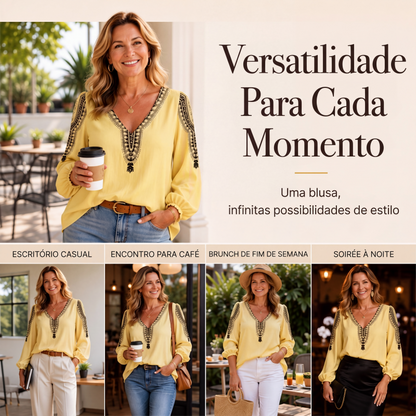 👚✨ Blusa Feminina de Manga Longa com Gola V e Estampa 3D – Estilo moderno, conforto e elegância para o dia a dia