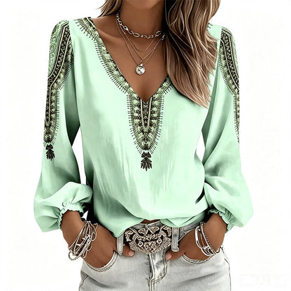 👚✨ Blusa Feminina de Manga Longa com Gola V e Estampa 3D – Estilo moderno, conforto e elegância para o dia a dia