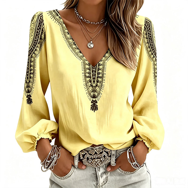 👚✨ Blusa Feminina de Manga Longa com Gola V e Estampa 3D – Estilo moderno, conforto e elegância para o dia a dia