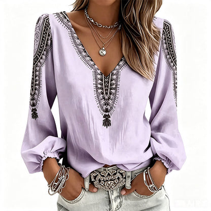 👚✨ Blusa Feminina de Manga Longa com Gola V e Estampa 3D – Estilo moderno, conforto e elegância para o dia a dia
