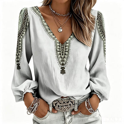 👚✨ Blusa Feminina de Manga Longa com Gola V e Estampa 3D – Estilo moderno, conforto e elegância para o dia a dia