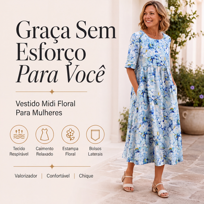 ✨Promoção Quente 50% DE DESCONTO 👗 Vestido Feminino de Manga Curta com Estampa e Bolsos
