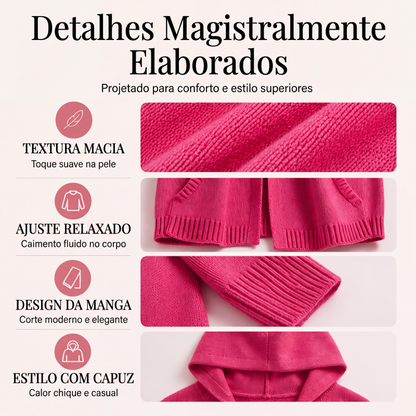 Cardigan de malha com capuz e mangas 3/4 para mulher