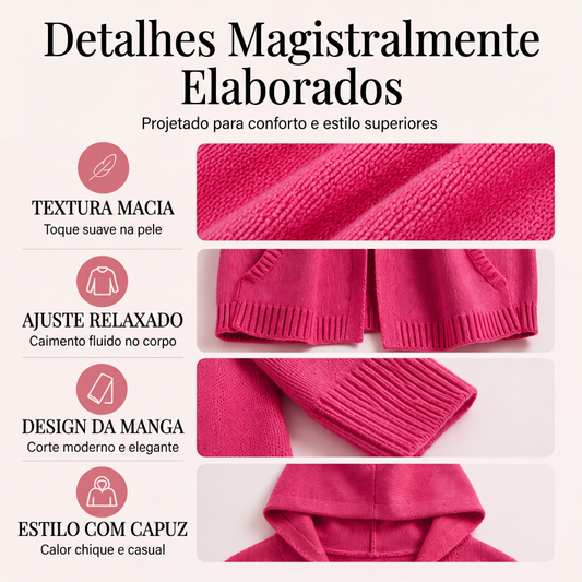 Cardigan de malha com capuz e mangas 3/4 para mulher