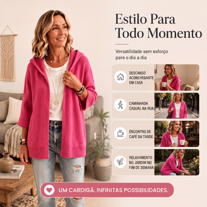 Cardigan de malha com capuz e mangas 3/4 para mulher