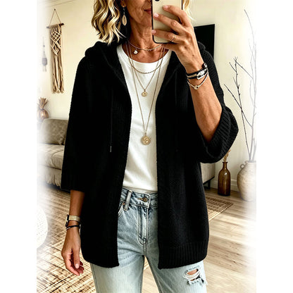Cardigan de malha com capuz e mangas 3/4 para mulher