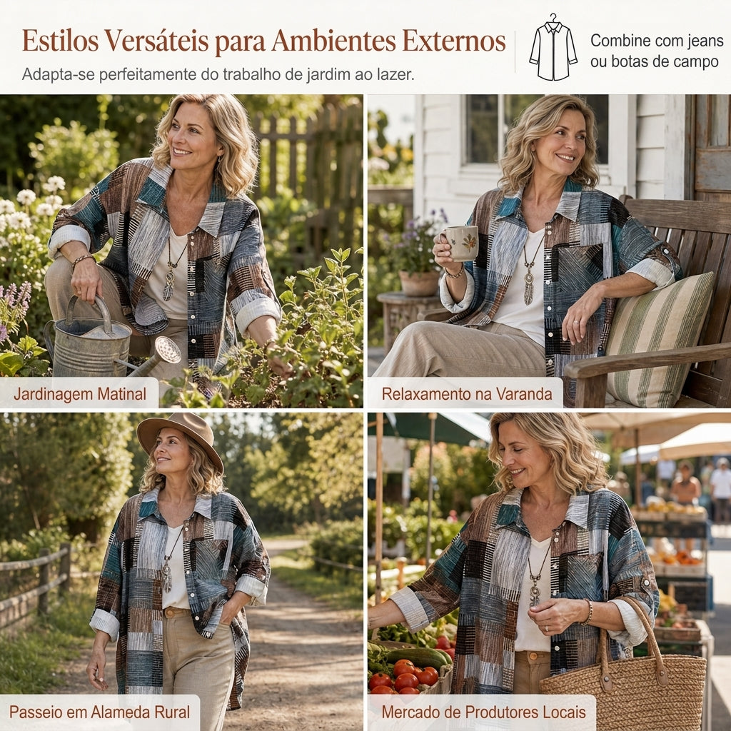 Camisa de manga longa xadrez com corte solto casual, casaco plus size com proteção solar para primavera e outono