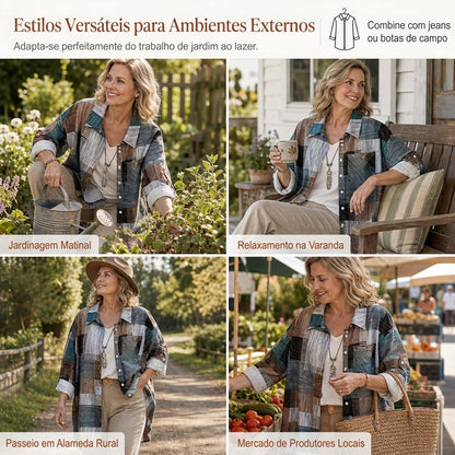 Camisa de manga longa xadrez com corte solto casual, casaco plus size com proteção solar para primavera e outono