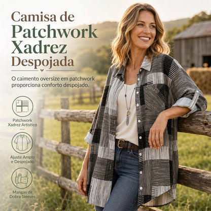 Camisa de manga longa xadrez com corte solto casual, casaco plus size com proteção solar para primavera e outono