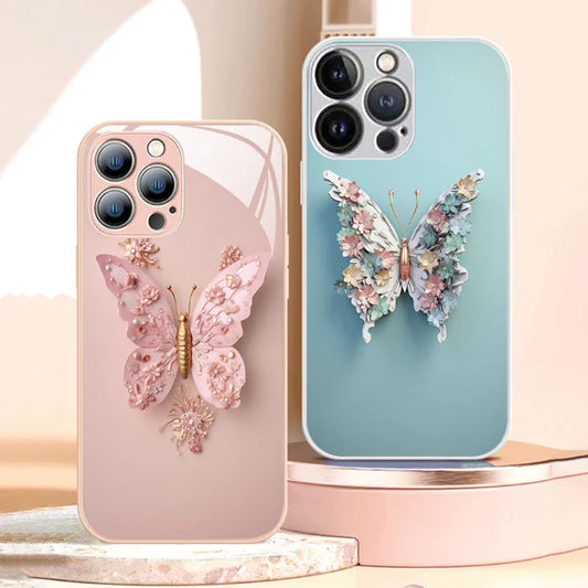 Platte 3D-vlinderpatroon glazen hoes compatibel met iPhone