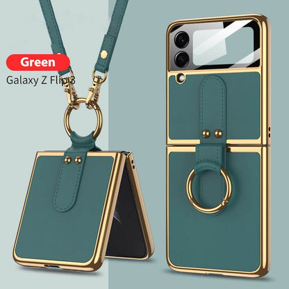 Originele Leren Achterkant Gehard Glas Hard Frame Hoesje Met Lanyard Voor Samsung Z Flip 4 Flip 3 5G