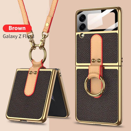 Originele Leren Achterkant Gehard Glas Hard Frame Hoesje Met Lanyard Voor Samsung Z Flip 4 Flip 3 5G