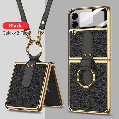 Originele Leren Achterkant Gehard Glas Hard Frame Hoesje Met Lanyard Voor Samsung Z Flip 4 Flip 3 5G